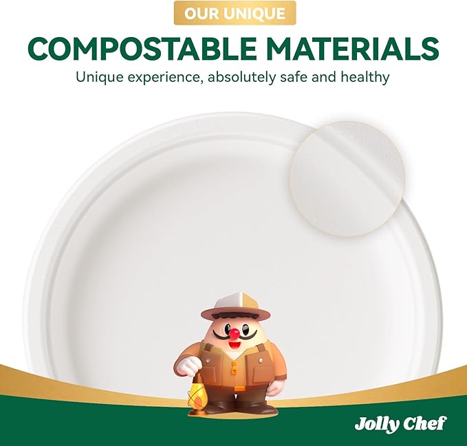 JOLLY CHEF Compostable Heavy Duty Plates 𝟭𝟬 𝗜𝗻𝗰𝗵 [𝟭𝟱𝟬 𝗣𝗮𝗰𝗸] Eco-Friendly Disposable Uncoated Paper Plates Bagasse Biodegradable Bulk for Party Dinner Hot Cold Food Christmas (White)