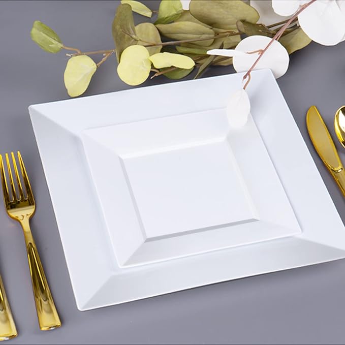 Goodluck 60 Pack Disposable Square Plastic Plates - Heavy Duty Dinner (9.5") & Dessert (6.5") Plates - Fancy for Wedding, Holiday, Birthday - White