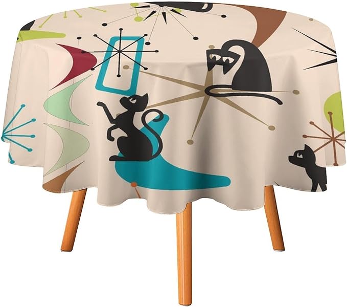 Mid Century Black Cat Round Tablecloth, Bohemian Modern Colorful Abstract Geometric Retro Art Bohemian Tablecloth for Home Party Dining Room Kitchen Decor 60Inch(152cm)