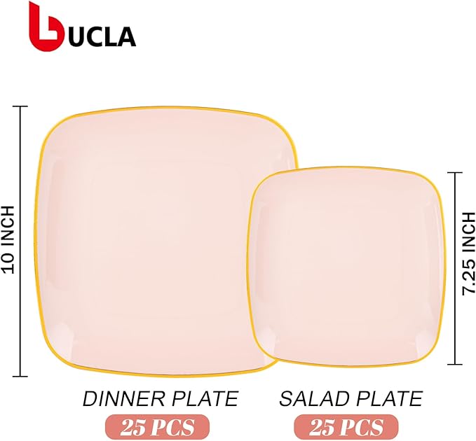 bUCLA 50PCS Pink and Gold Plastic Plates - Heavy Duty Square Pink Disposable - Include 25 Dinner & 25 Dessert Plates for Party & Valentines Day