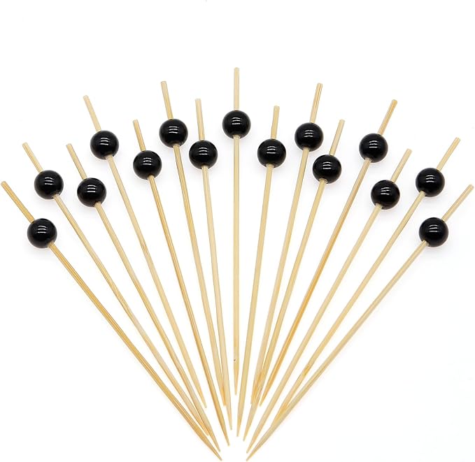 Minisland Black Pearl Cocktail Picks, 4.7 Inch Long Bamboo Fancy Toothpicks for Appetizers, Decorative Halloween Holiday Party Food Drink Garnish Fruit Kabob Skewer Sticks 100 Counts - MSL456