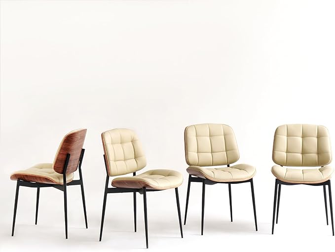 Mid Century Modern Dining Chairs with Walnut Grain Back, Beige Faux Leather Dining Room Chairs Set of 2, Checkered Soft Cushion Kitchen Chairs with Adjustable Foot Pads