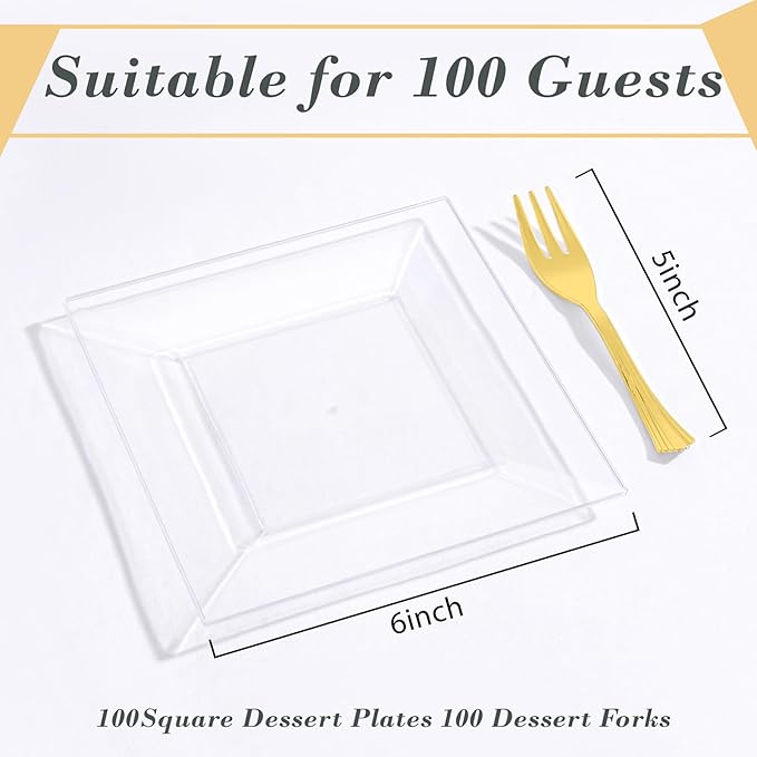 200pcs Square Dessert Plates Includ 100pcs 6inch Appetizer Plates,100pcs 5inch Plastic Forks,Clear Dessert Plates Disposable Appetizer Plates Serve 100 Guests For Wedding Party&Valentine's Day