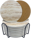 Ceramic Coasters Set of 6, Marble-Textured Design with Holder - Absorbent Cork-Backed Coasters for Cups, Bar & Coffee Table Decor Accessories (Khaki Marble-Thin, 6 Pack-Thin)