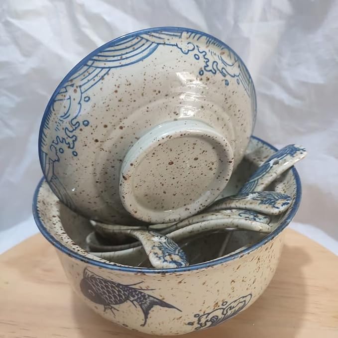 6.5 inch Retro Ceramic Ramen Bowl with Lid,Japanese Style Personalized Dinnerware For Noodle Rice Porridge Soup Fruit Sala (6.5inch, B)