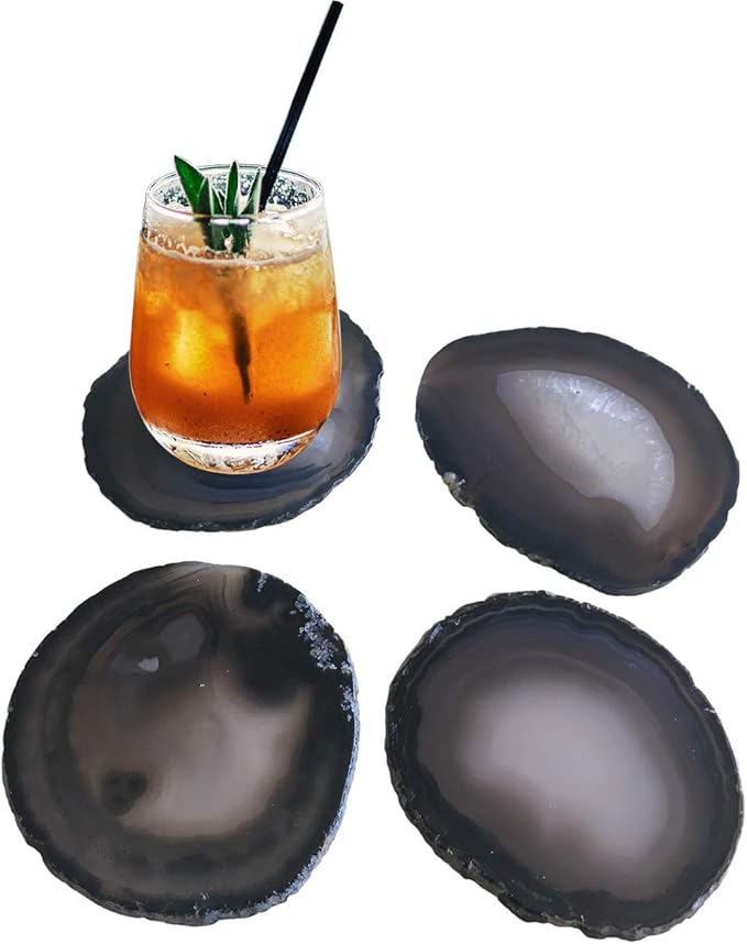 AMOYSTONE Black Agate Coasters Set of 4, 2.7-3 Inch Mini Stone Coasters, Non-Absorbent Coasters, Executive Gift for Men, Office Desk Accessories