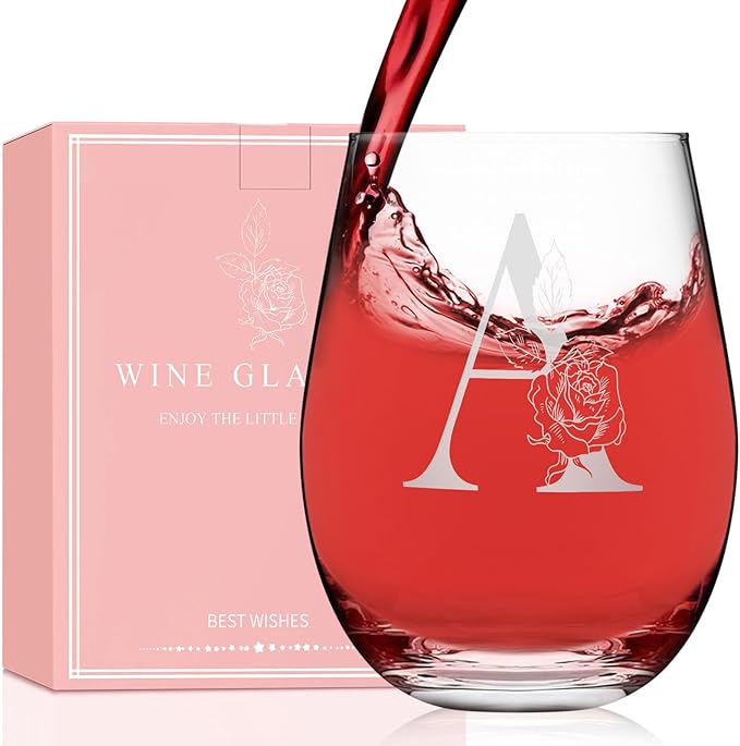 Valentines Day Gifts for Her, Gifts for Women Her Friend Mom Grandma Wife Sister Bridesmaid Nurse, Birthday Galentines Mothers Day Christmas, Personalized Initial Customized Wine Glasses 18OZ(A)