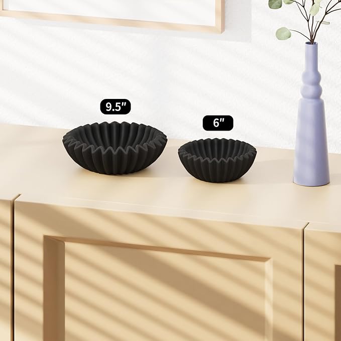 Large Ceramic Fruit Bowl Black Decorative Bowl for Coffee Table Entryway Kitchen Modern Home Decor Centerpiece 9.5 Inches Ruffle Fluted Scalloped Bowl