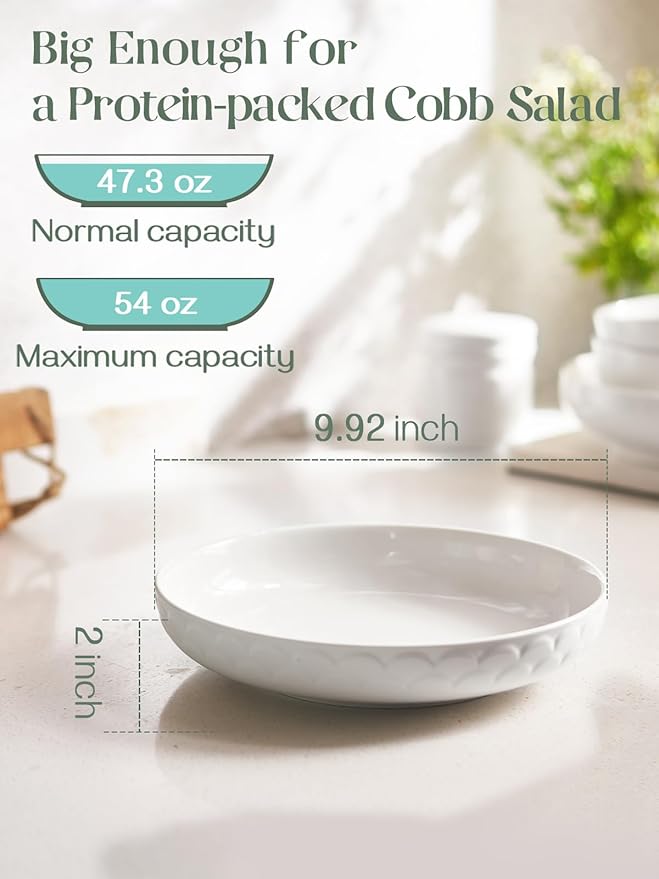 DOWAN Pasta Bowls Set of 4 for Large Portions, 54 oz Textured Motif Large Salad Serving Bowls, Ceramic Plates, White Soup Bowl for Kitchen Meal Prep, Shallow Dishes Dinner Bowl Microwave Dinnerware