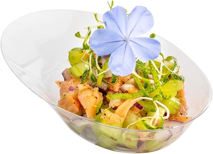Restaurantware 4 x 2.9 x 1.3 Inch Mini Tasting Dishes 50 Disposable Mini Dessert Dishes - Oval Ellipse Design Clear Plastic Appetizer Dishes Serve Samples or Snacks For Parties or Weddings