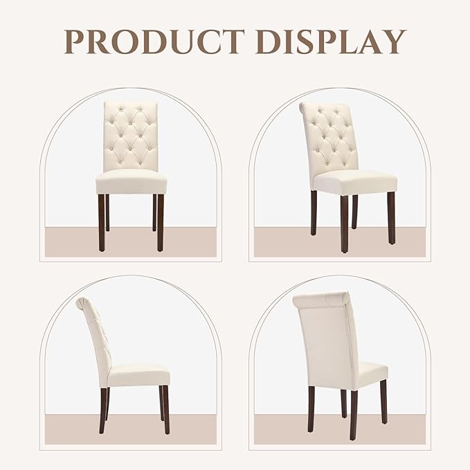 COLAMY Tufted Dining Chairs Set of 6, Accent Parsons Diner Chair Upholstered Fabric Stylish Kitchen Chairs with Solid Wood Legs, Beige