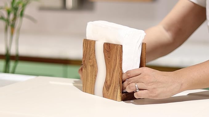 Acacia wood & Transparent Epoxy resin Napkin holder for table, Rustic farmhouse napkin organisation for kitchen, dining, counter tops, restaurant or outdoors | 6x5x2.5 inches|(Cloudy White)
