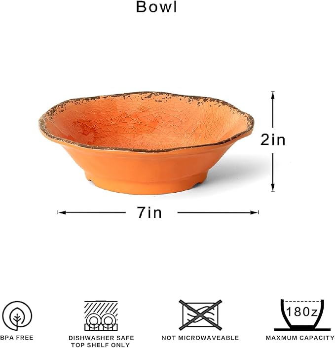 LEHAHA Melamine Vintage Cereal Bowl Set, 7”x 2”, Orange BPA free Melamine Bowls Set of 6, Unbreakable Bowls for Cereal, Soup, Rice, Salad and Snacks, Dishwasher Safe