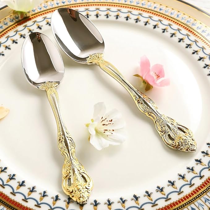 TWEE Silverware Set for 4, 20-piece Luxury Gold-plated Palace Style Stainless Steel Flatware Cutlery Serving Utensils Eating Tableware for Home Kitchen Hotel Restaurant Mirror Polished