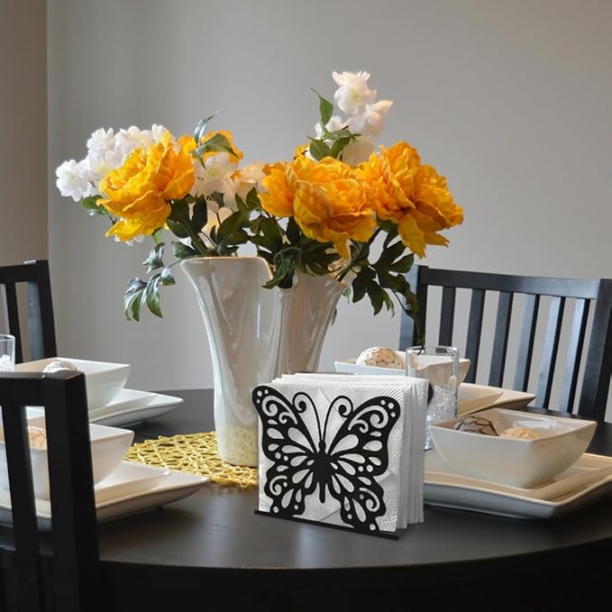 Butterfly Decorative Black Metal Napkin Holder for Table, 5.3" x 4.4" x 2" Insect Animal Standing Napkin Holder for Home Kitchen Restaurant Picnic Party Coffee Bar Dining Room