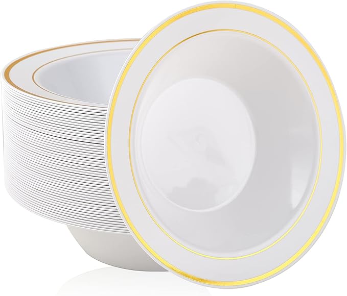 JOLLY PARTY 50PCS Plastic Bowls with Gold Rim-12oz disposable Soup Bowls, Christmas Thanksgiving Premium Dessert Salad Bowl for Wedding/Party