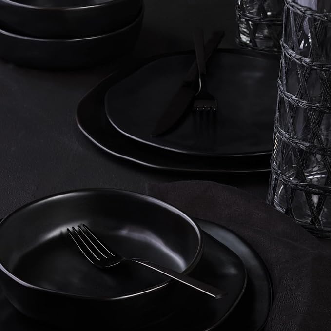 Stone by Mercer Project HEKONDA Modern Stoneware 16-Piece Dinnerware Set, Plate and Bowl Set, Dish Set for 4, Black
