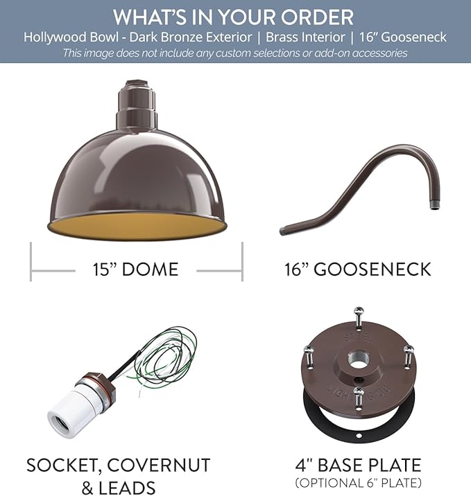 Steel Lighting Co. Hollywood Bowl Light | Outdoor Wall Mounted | 15 inch Bowl Dome | 16" Gooseneck | Barn Light Made in America | Dark Bronze Exterior/Brass Interior