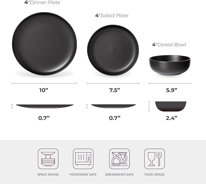 12-Piece Stoneware Dinnerware Set with Mugs | Microwave and Dishwasher Friendly | Stackable Matte Glaze Plates & Bowls | Service for 3 (Black for 4)
