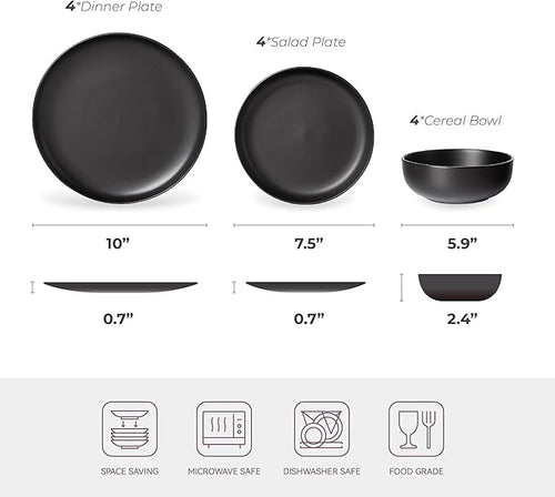 12-Piece Stoneware Dinnerware Set with Mugs | Microwave and Dishwasher Friendly | Stackable Matte Glaze Plates & Bowls | Service for 3 (Black for 4)