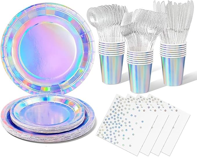 Iridescent Pink Party Supplies, Holographic Paper Plates and Napkins Set, Rainbow Disposable Paper Plates Cups Knives Spoons Fork Straw for Birthday Wedding Party Serve 25 (Pink)