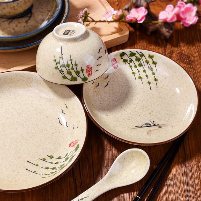 4-Piece Ceramic Dinnerware Set, Plate, Dish, Bowl, Spoon, Japanese Hand-painted Tableware set, A Good Tableware