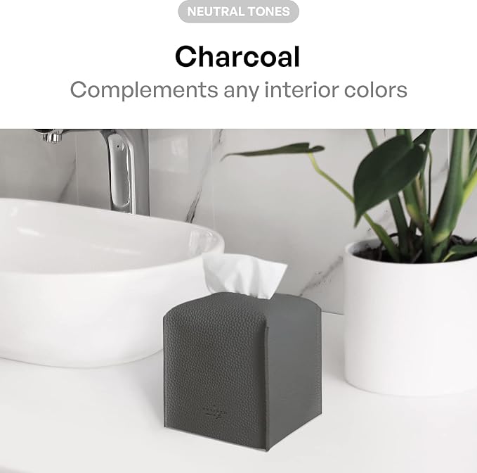 Carrotez Tissue Box Cover, [Refined] Modern PU Leather Square Tissue Box Holder - Decorative Holder/Organizer for Bathroom Vanity Countertop, Night Stands, Office Desk & Car 5"X5"X5" - Charcoal