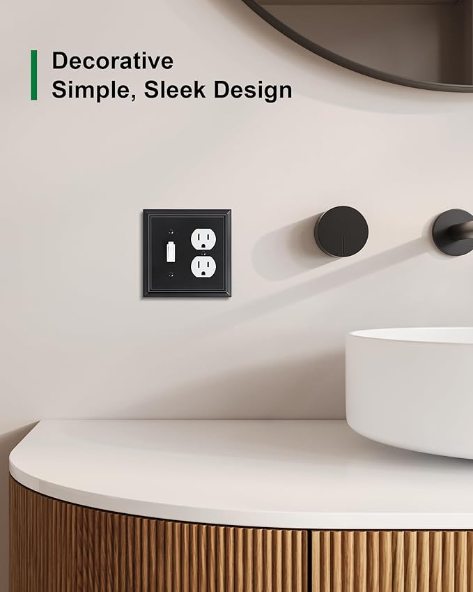2-Pack Combo Toggle/Duplex Light Switch Cover Plate, Matte Black Outlet Cover Plate, Natural Bamboo Fiber Decorative Wall Receptacle Cover for Electrical Outlets, Light Switch