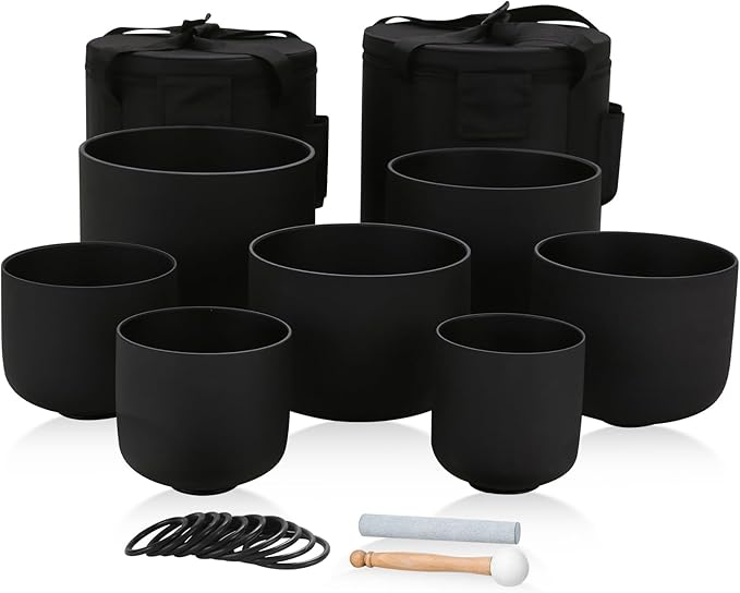 432HZ 6-12 Inch 7 Pcs Black Frosted Crystal Singing Bowl Set for Meditation Healing Yoga Chakra Quartz Crystal Sound Bowls with Heavy Duty Carry Cases and Rubber Mallet,Suede Striker,O-rings