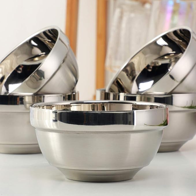 10pcs stainless Steel Bowls Set，4.48Inches Double Walled Insulated Large Serving Rice Cereal Salad noodle，350ml Unbreakable Deep Bowl for kitchen Restaurant，Dishwasher Safe