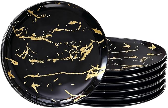 6-Piece Dinner Plate Set, 10-Inch Black Marble Ceramic Plates with Gold Rim, Oven & Microwave Safe, Elegant Appetizer Salad Dessert Plates for Modern Dining, Dishwasher Safe.