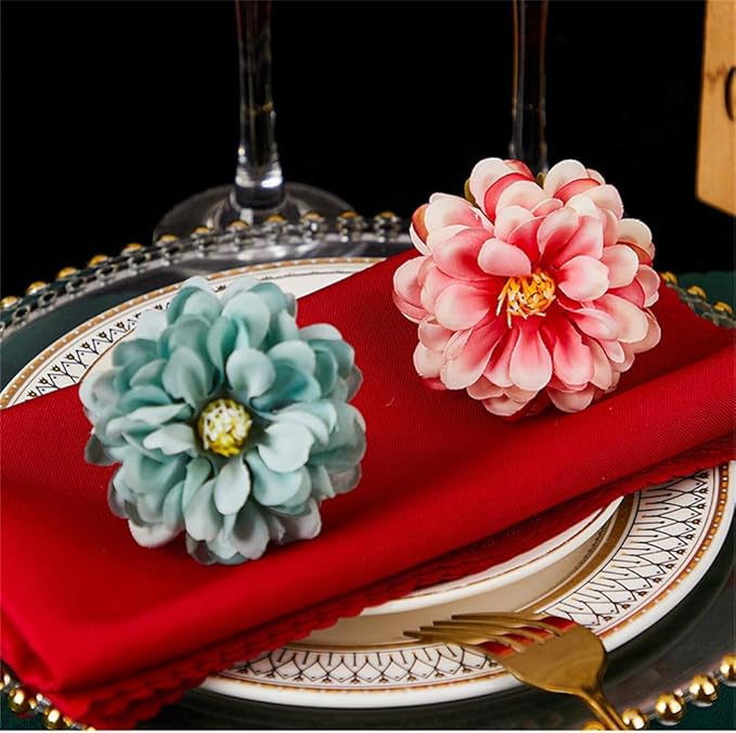 Floral Napkin Rings Set of 6,Rustic Rose Napkin Rings Flower Dinner Napkin Holder for Table Decoration (34#Blue)