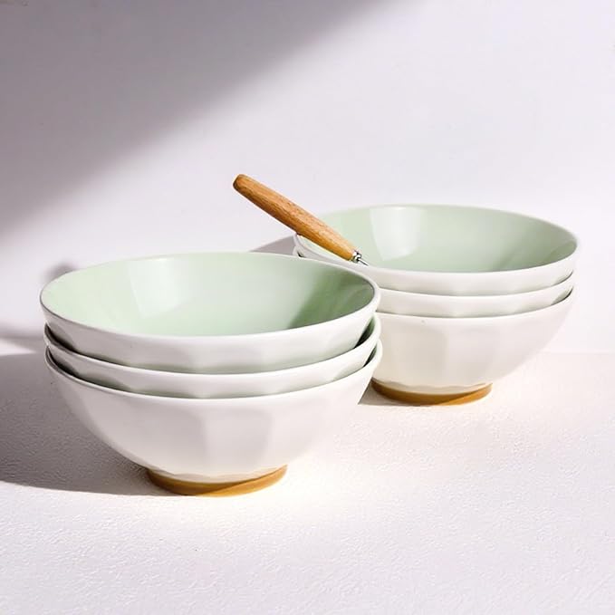 Set of 6 Large Pasta Bowls 29 oz, Green Porcelain 7 inch, Microwave Oven Dishwasher Safe Scratch Resistant