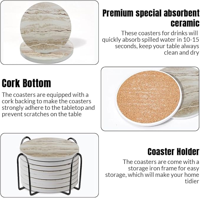 Ceramic Coasters Set of 6, Marble-Textured Design with Holder - Absorbent Cork-Backed Coasters for Cups, Bar & Coffee Table Decor Accessories (Khaki Marble, 8 Pack)