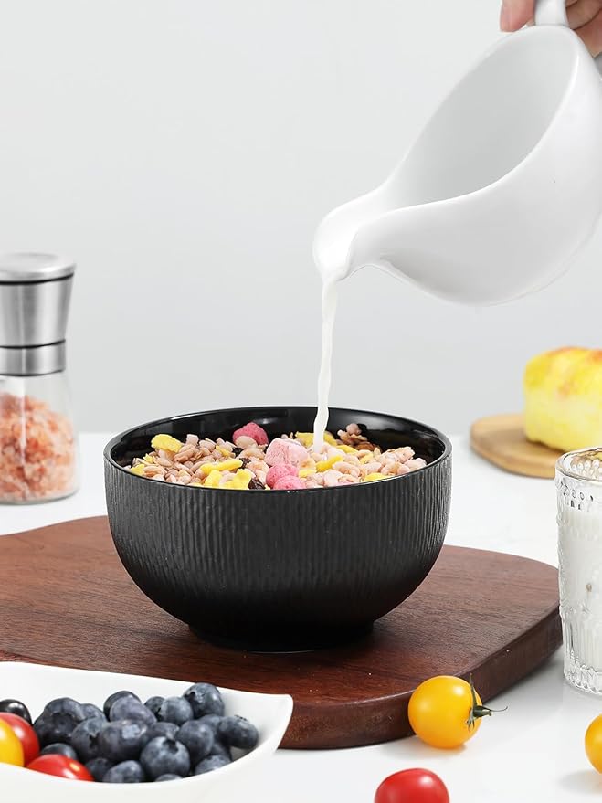 Yedio Black Ceramic Bowls Set of 4, 38 oz Porcelain Large Bowl for Kitchen, Cereal, Soup, Dessert, Rice, Snack, Fruits, Ice Cream, Noodle,Breakfast, Microwave Dishwasher Freezer Oven Safe
