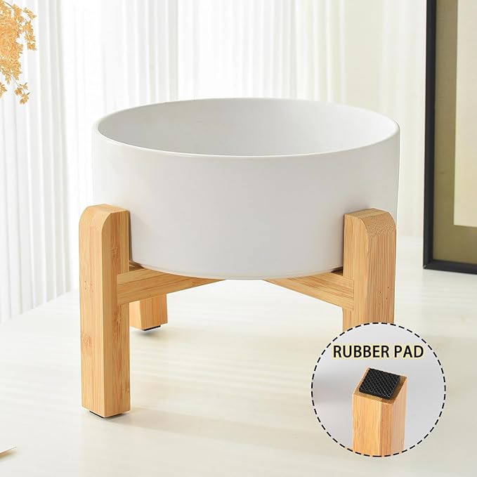 6'' Ceramic Raised Dog Bowl - 30Oz Dog Food & Water Bowl with Elevated Non-Slip Bamboo Stand, Dishwasher & Microwave Safe, Anti Vomiting Heavy Duty Pet Bowl for Small and Medium Dogs, Yellow