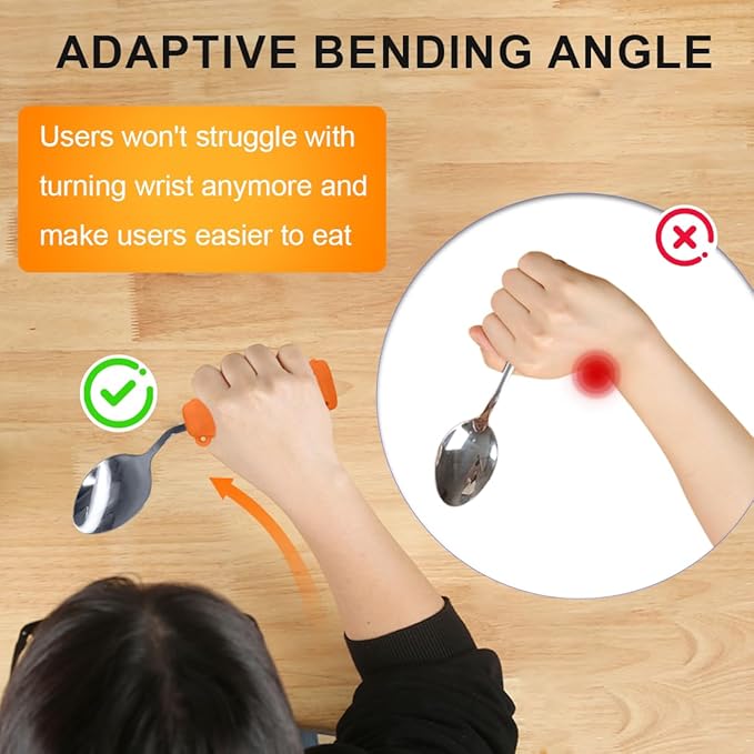 Adaptive Weighted Silverware Utensils Angled Spoon for Hand Tremors Parkinsons,Weighted Utensils with Non-Slip Easy Grip Handles for Independent Eating(Right Hand,Orange,Pack of 1)