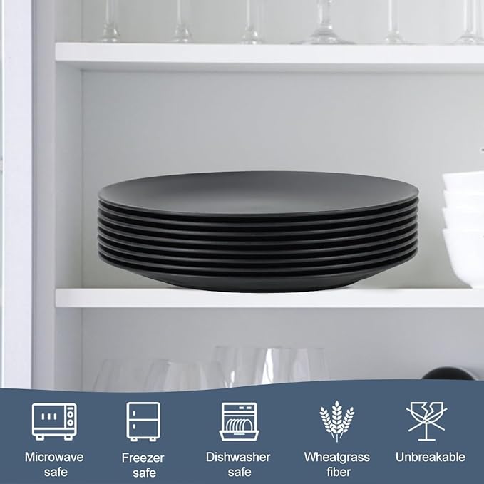 Homienly Dinner Plates Set of 8 Unbreakable Wheat Straw Plates with Textured Design - Microwave & Dishwasher Safe - Perfect for Camping, Kitchen Use - Black, 9 inch
