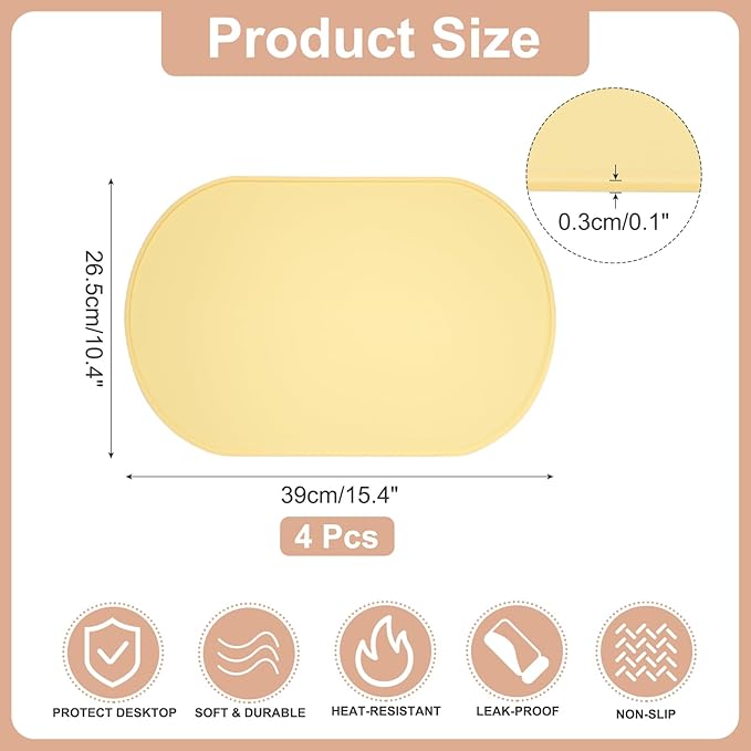 uxcell 4 Pcs Oval Silicone Placemat, 15.4" x 10.4" Non-Slip Washable Table Placemats Heat Resistant Waterproof Mat with High Edge for Table Kitchen Desk Protection, Yellow