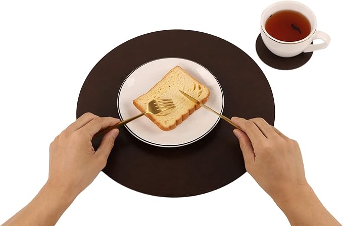 Set of 8 Faux Leather Round Placemats and Coasters, Coffee Mats Kitchen Table Mats, Waterproof, Easy to Clean for Kitchen Dining Round Table