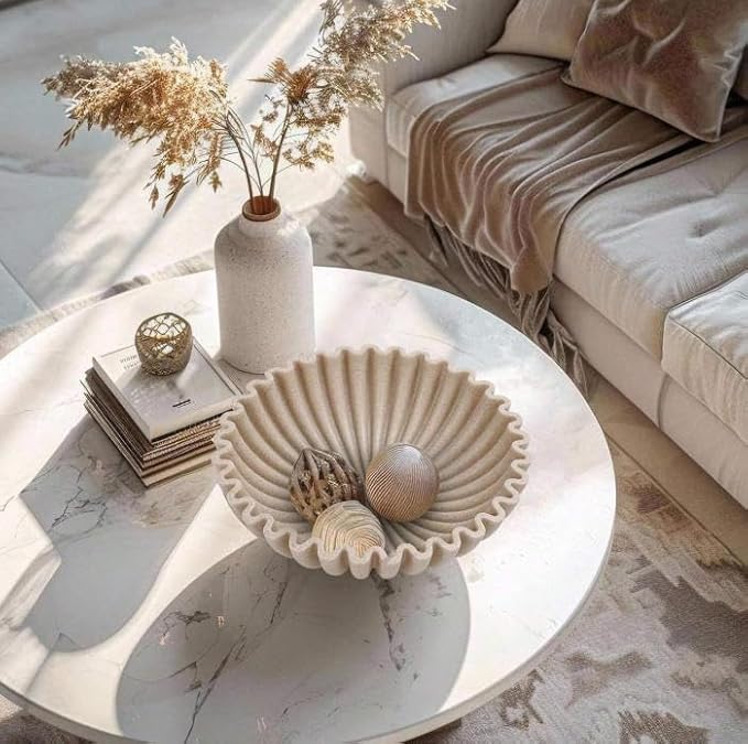 Large Decorative Bowl - 7.9in x 2.6in - White Decorative Bowls for Home Decor - Ruffle Decor - Fluted Bowl - Scalloped Bowl-Stylish Key for Entry Table(Black) (Beige)