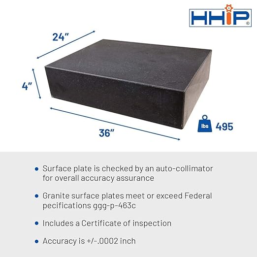 HHIP 4401-0014 Black Granite Surface Plate, Grade B, Ledge 0, 36" Length x 24" Width x 4" Height, +/0002" Accuracy, 495 lb. Weight