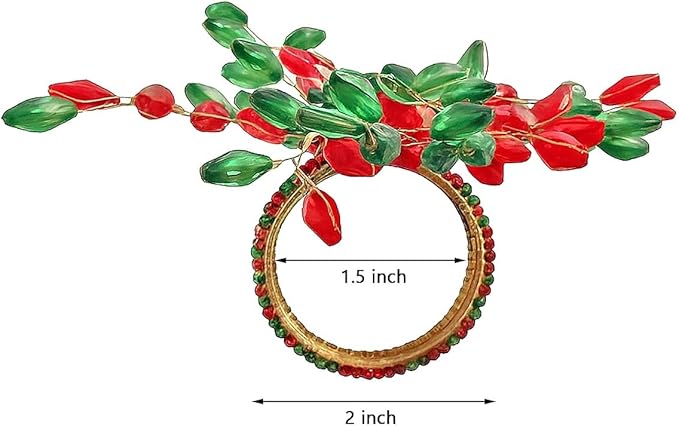 Handcrafted Beaded Napkin Rings Set of 12 – Red & Green Crystal Flower Design, Elegant Table Décor for Christmas, Weddings & Dinner Parties