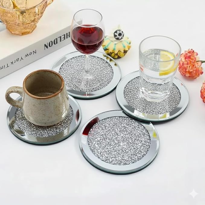 Crushed Diamond Crystal Glass Mirrored Round Coasters Set of 4 Glittering Bling Silver TRENDZY ® Drink Wine Coasters for Home Kitchen Bar & Restaurant Home Decor Birthday Wedding (Round)