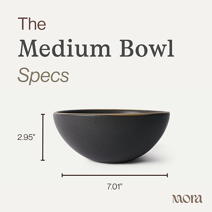 MORA Medium Bowls Set of 4, 28oz Ceramic Pottery Everyday Bowls - Microwave, Oven and Dishwasher Safe - Liquorice