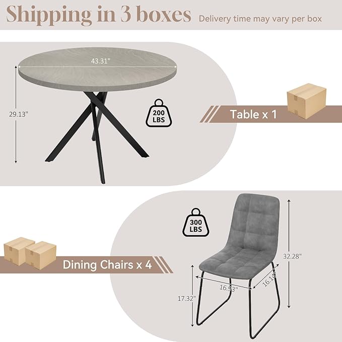 44" Round Dining Table with Cozy Chair Set for 4, Modern Mid-Century Dining Table Set of 4, Dinette Sets with Metal Leg for Kitchen Dining Room Apartment(Gray Table + Gray Chairs)