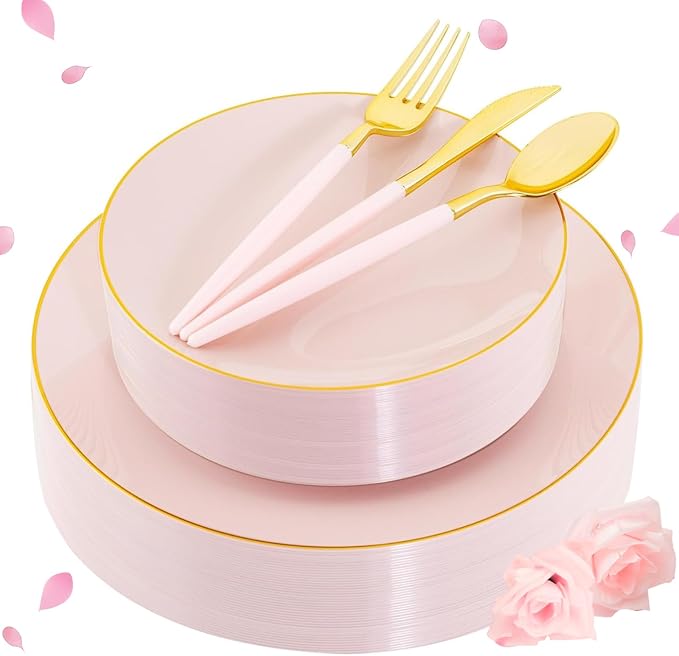 Liacere 150PCS Plastic Plates-Gold Plastic Silverware with Pink Handle - Pink Disposable Plates Include 30 Guests Plates, Forks, Spoons, Knives for Wedding＆Easter Day＆Galentines day＆Valentine's Day