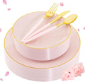 Liacere 150PCS Plastic Plates-Gold Plastic Silverware with Pink Handle - Pink Disposable Plates Include 30 Guests Plates, Forks, Spoons, Knives for Wedding＆Easter Day＆Galentines day＆Valentine's Day