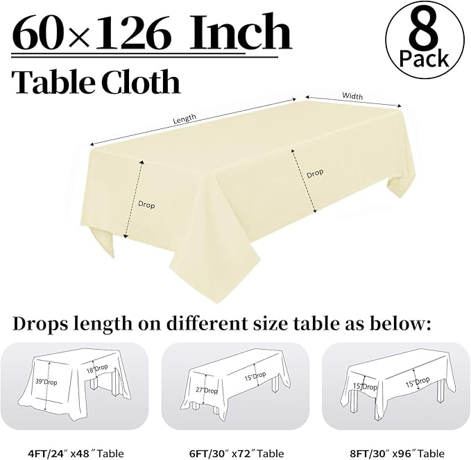 8 Pack Beige Tablecloth 60 x 126 Inch Rectangular Table Cloth for 6 Foot Rectangle Tables, Wrinkle Resistant Washable Polyester Fabric Table Covers for Wedding Party Banquet Buffet and Camping
