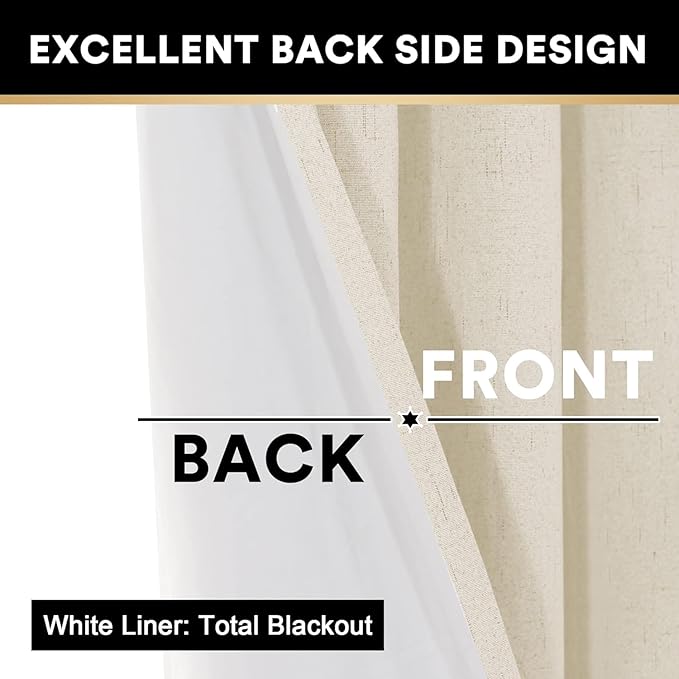 PrinceDeco Linen Texture Curtains 100% Blackout Curtains 90 inch Long 2 Panels Set Full Blackout Linen Curtains with Thermal Insulated Liner Noise Reducing, 52" Wide,90" Length,Bleached Sand